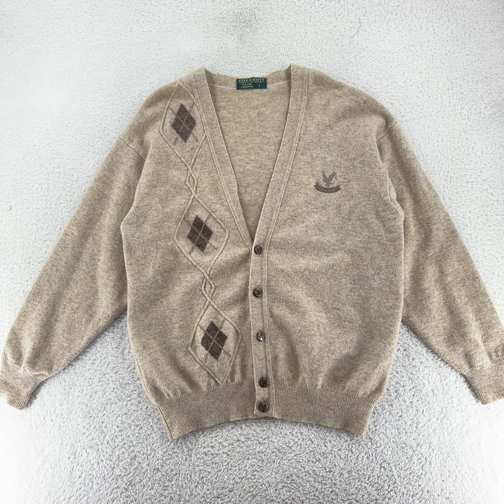 Vintage Lyle & Scott Lambswool Cardigan Sweater Mens Large Beige Argyle Knit 90s